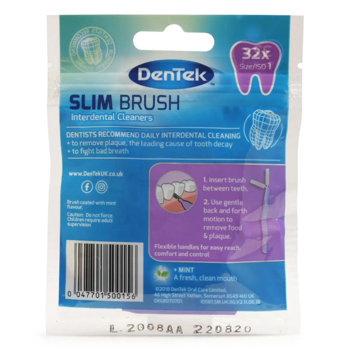Dentek Slim Brush Interdentale Ragers Mint Coating ISO 1 (0,44 mm) | 32 stuks | Recht